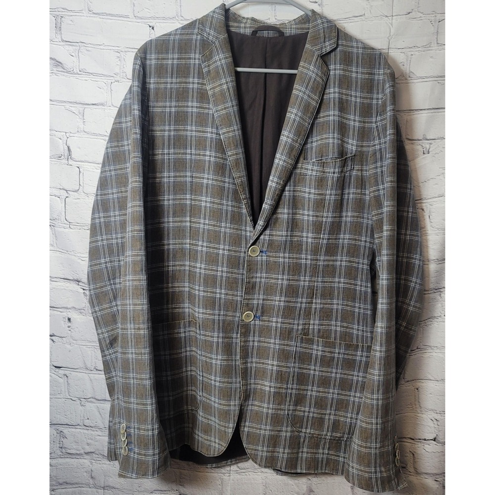 Abrams Blazer Mens  Brown Linen Cotton Plaid Sport Coat Jacket Two Button Casual